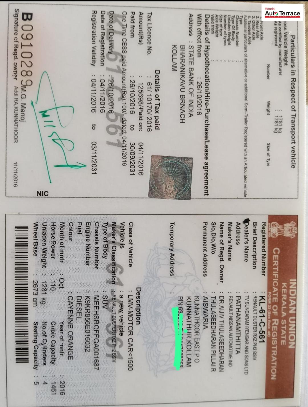 Buy Used Renault Duster RXE of 2016 model @ 3,90,000 INR in Kollam ...